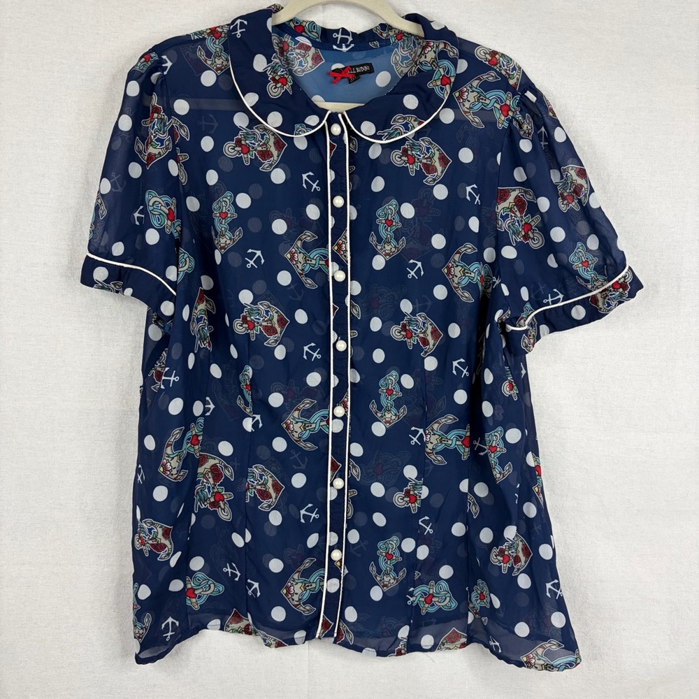 Hell Bunny size 3X Nautical Polkadot tattoo print button up short sleeve blouse